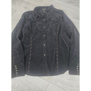 Reba Womens XL Black Corduroy Studded Western Pearl Snap Front Long Sleeve Shirt